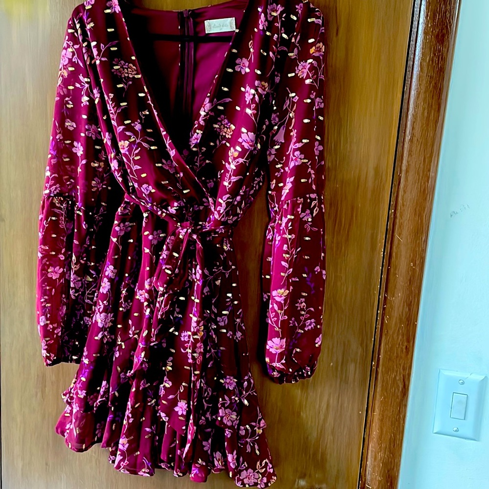 Altar’d State burgundy with metallic floral long sleeve dress. Medium